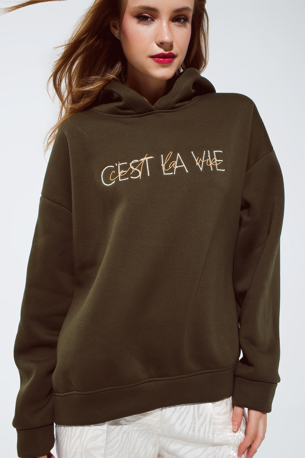 Khaki Color Hoodie With Embroidered Cest La Vie Text Style