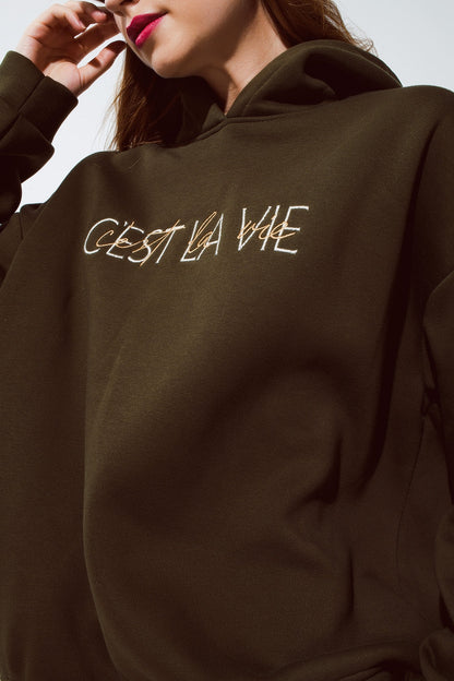 Khaki Color Hoodie With Embroidered Cest La Vie Text Style