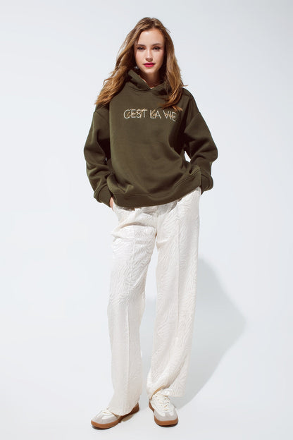 Khaki Color Hoodie With Embroidered Cest La Vie Text Style