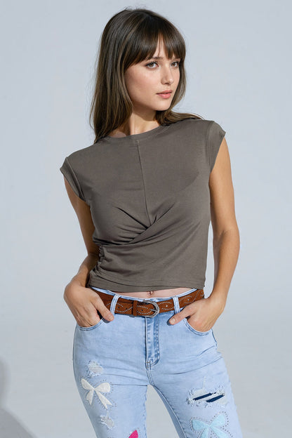 Khaki Short-Sleeved Top Crossed at the Bottom Front for Style