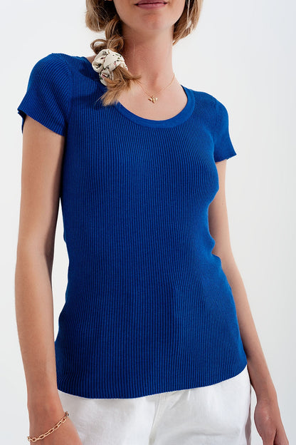 Knitted Fit Rib Crew Neck Sweater in Blue for Casual Style