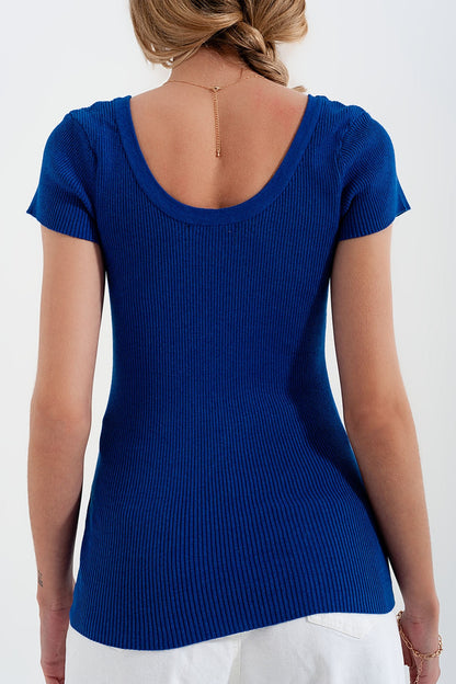 Knitted Fit Rib Crew Neck Sweater in Blue for Casual Style