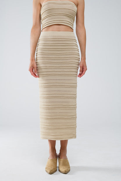 Knitted Midi Pencil Skirt in Beige with Bodycon Fit