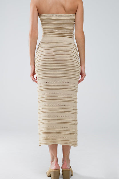 Knitted Midi Pencil Skirt in Beige with Bodycon Fit