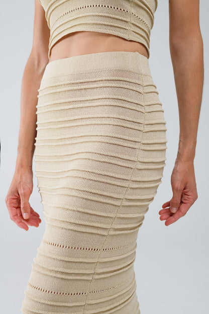 Knitted Midi Pencil Skirt in Beige with Bodycon Fit