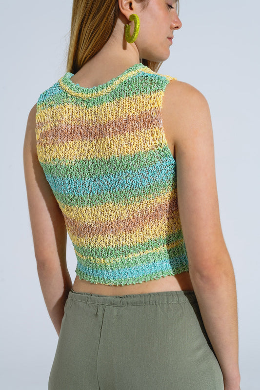 Knitted Multicolor Sleeveless Sweater With Stripes and Crew Neckline