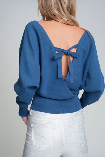 Knitted Sweater With Wrapped V-Neck in Blue - Casual Style