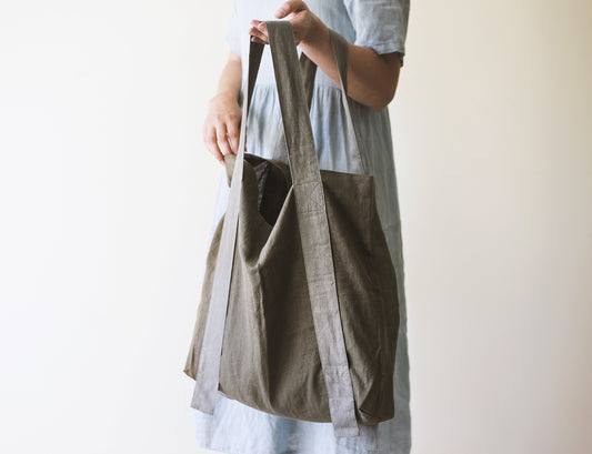 Light Grey and Grey Linen Canvas Bag Two Tones - Stylish Tote