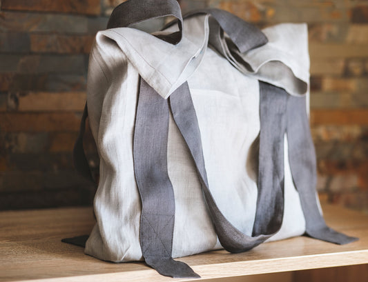 Light Grey and Grey Linen Canvas Bag Two Tones - Stylish Tote