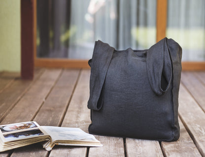 Black Linen Tote Bag With Inside Pocket and Wide Handles