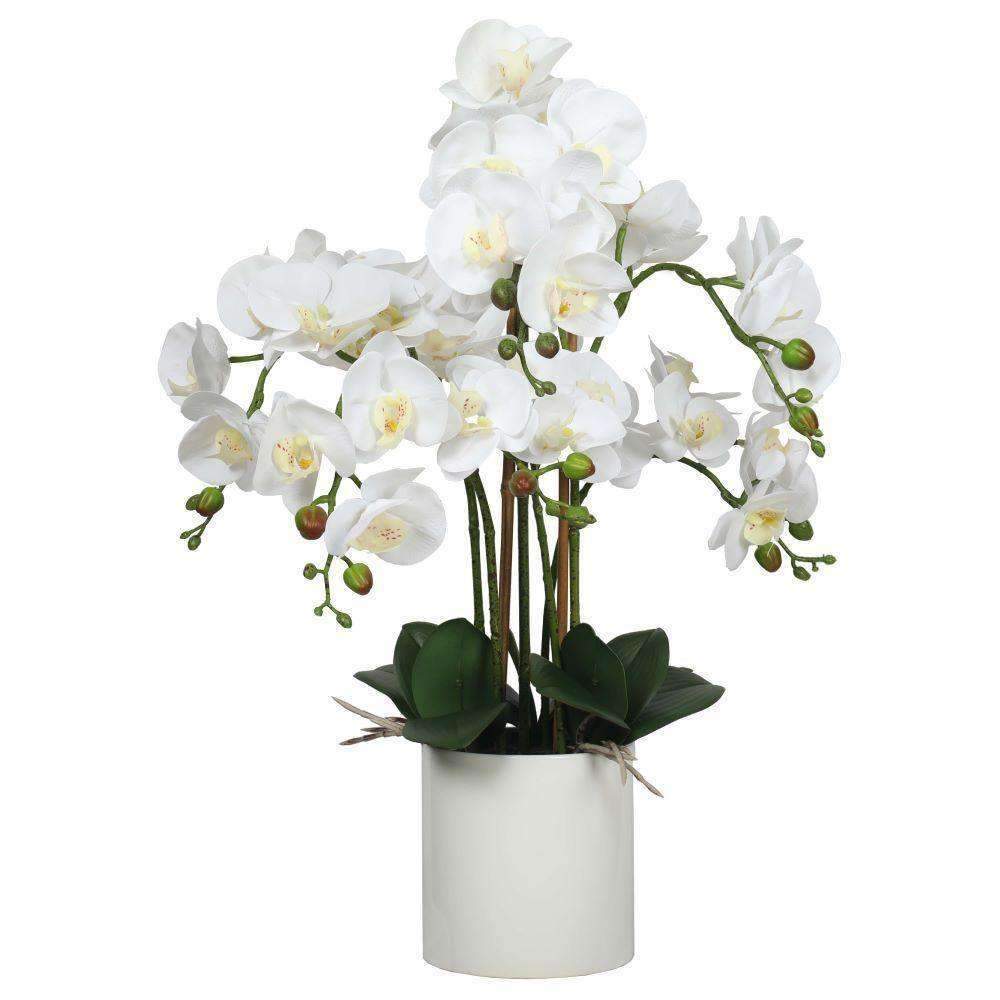 Large Multi-Stem White Potted Faux Orchid 65cm for Home Decor