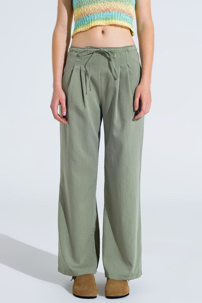 Light Green Relaxed Pants With Drawstring and Side Pockets