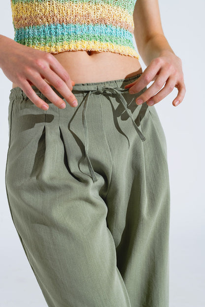 Light Green Relaxed Pants With Drawstring and Side Pockets