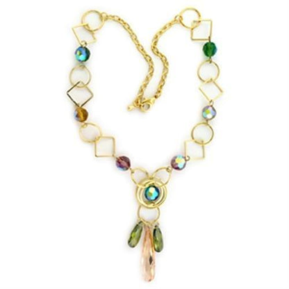 LO721 Gold Brass Necklace with Multi Color Glass Bead