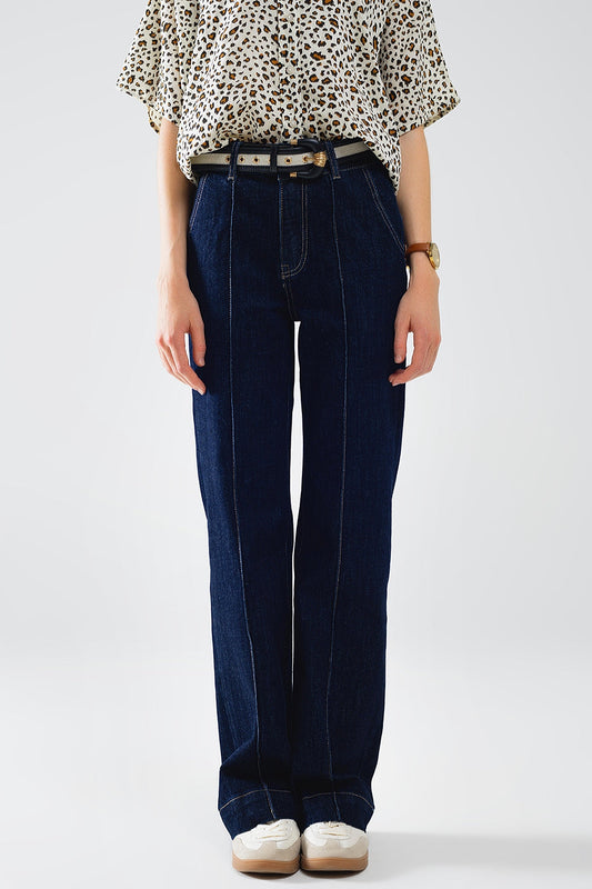 Long Straight Dark Blue Jeans With Contrast Stitching