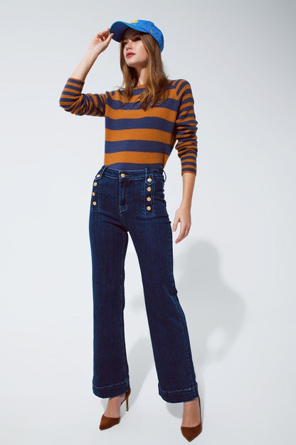 Marine Flare Jeans With Button Detailing in Mid Wash