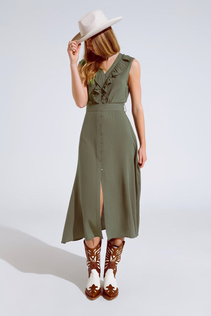 Maxi Dress in Khaki With Ruffle and Button Detail for Elegance