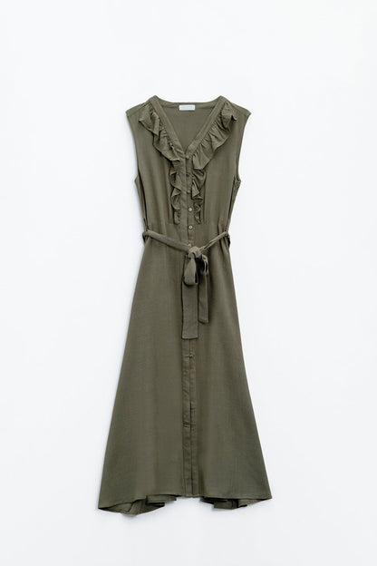 Maxi Dress in Khaki With Ruffle and Button Detail for Elegance