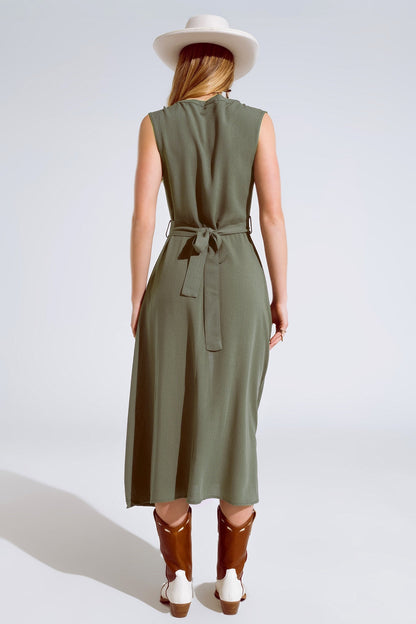 Maxi Dress in Khaki With Ruffle and Button Detail for Elegance