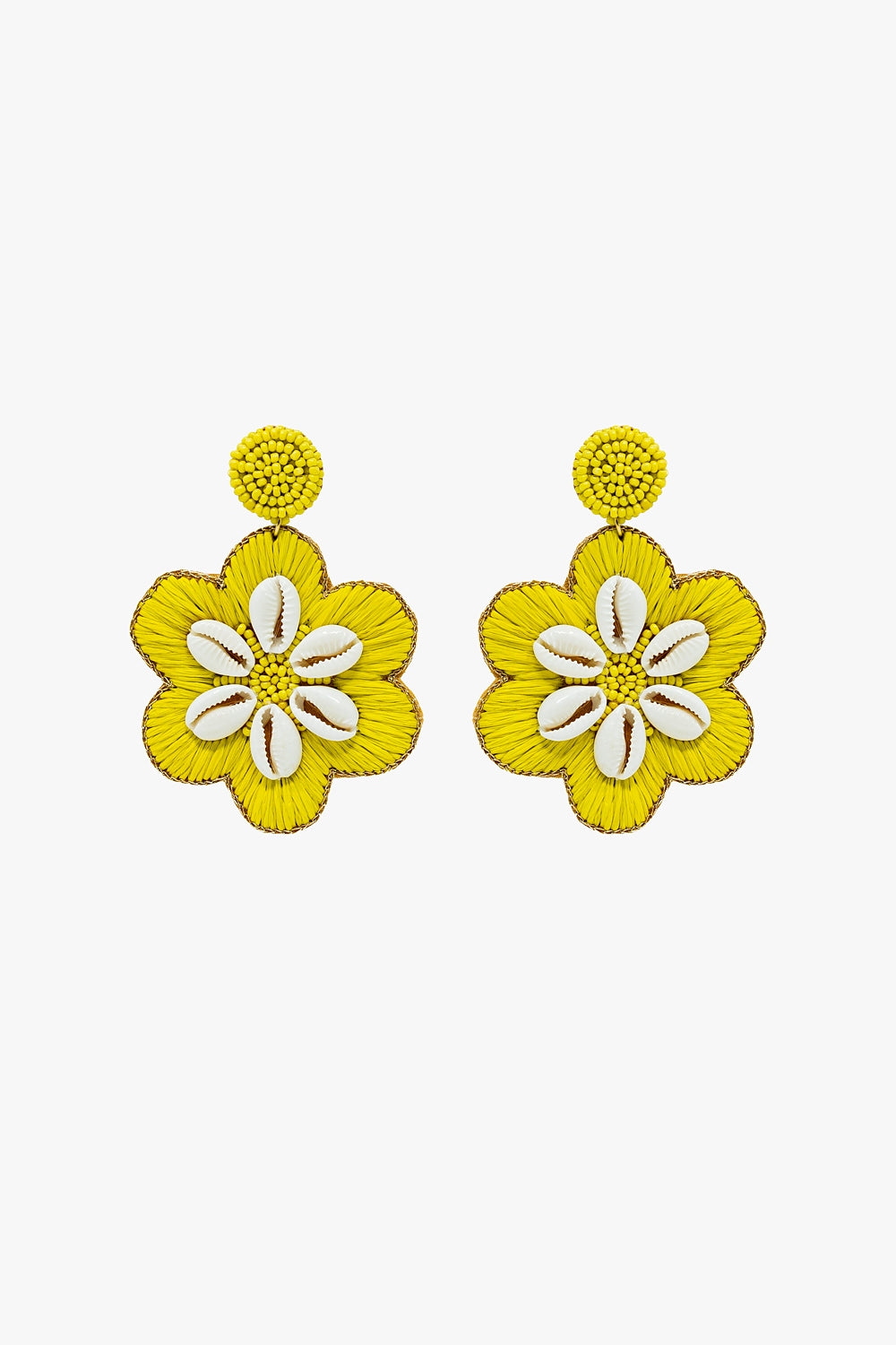 Maxi Embroidered Flower Rafia Earrings With Sea Shell Lime