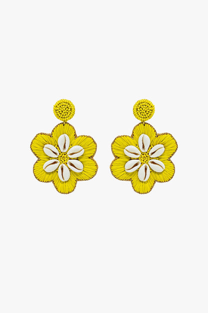 Maxi Embroidered Flower Rafia Earrings With Sea Shell Lime