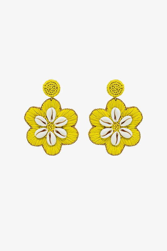 Maxi Embroidered Flower Rafia Earrings With Sea Shell Lime