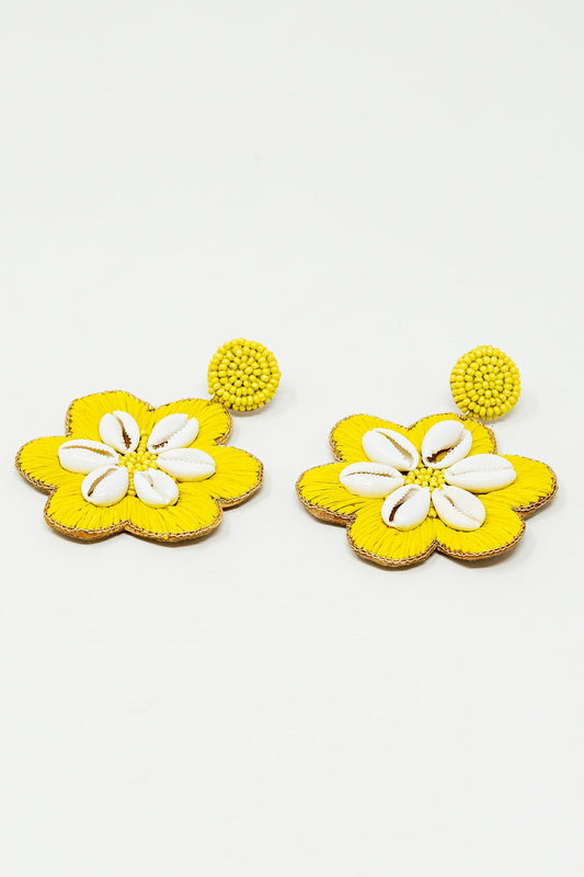 Maxi Embroidered Flower Rafia Earrings With Sea Shell Lime