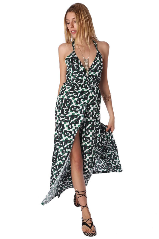 Maxi Print Dress With Crossback Detail and Thigh-High Split