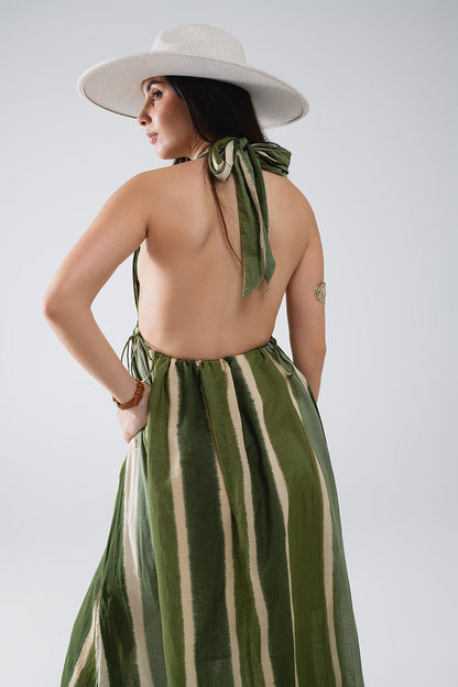 Maxi V-Neck Halter Dress With Side Slits in Striped Tie-Dye Green