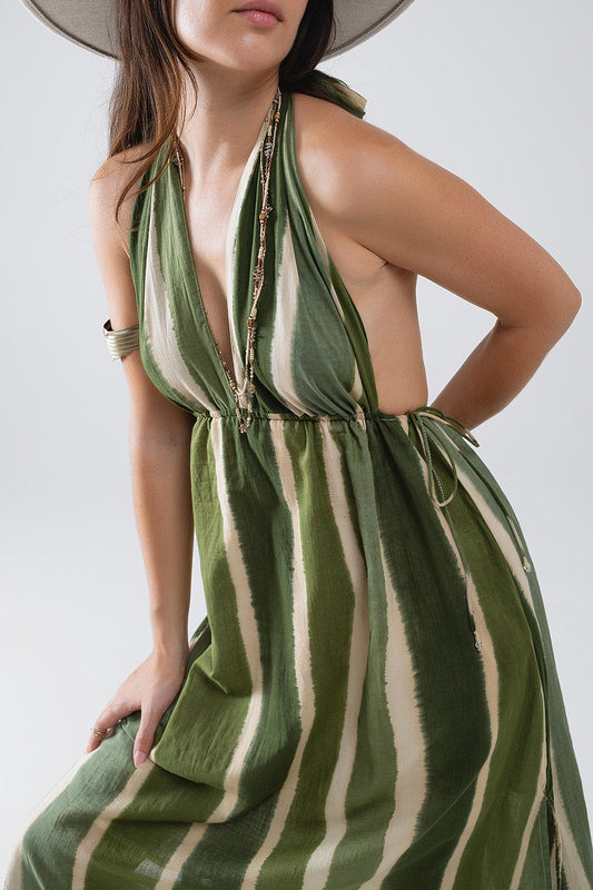 Maxi V-Neck Halter Dress With Side Slits in Striped Tie-Dye Green