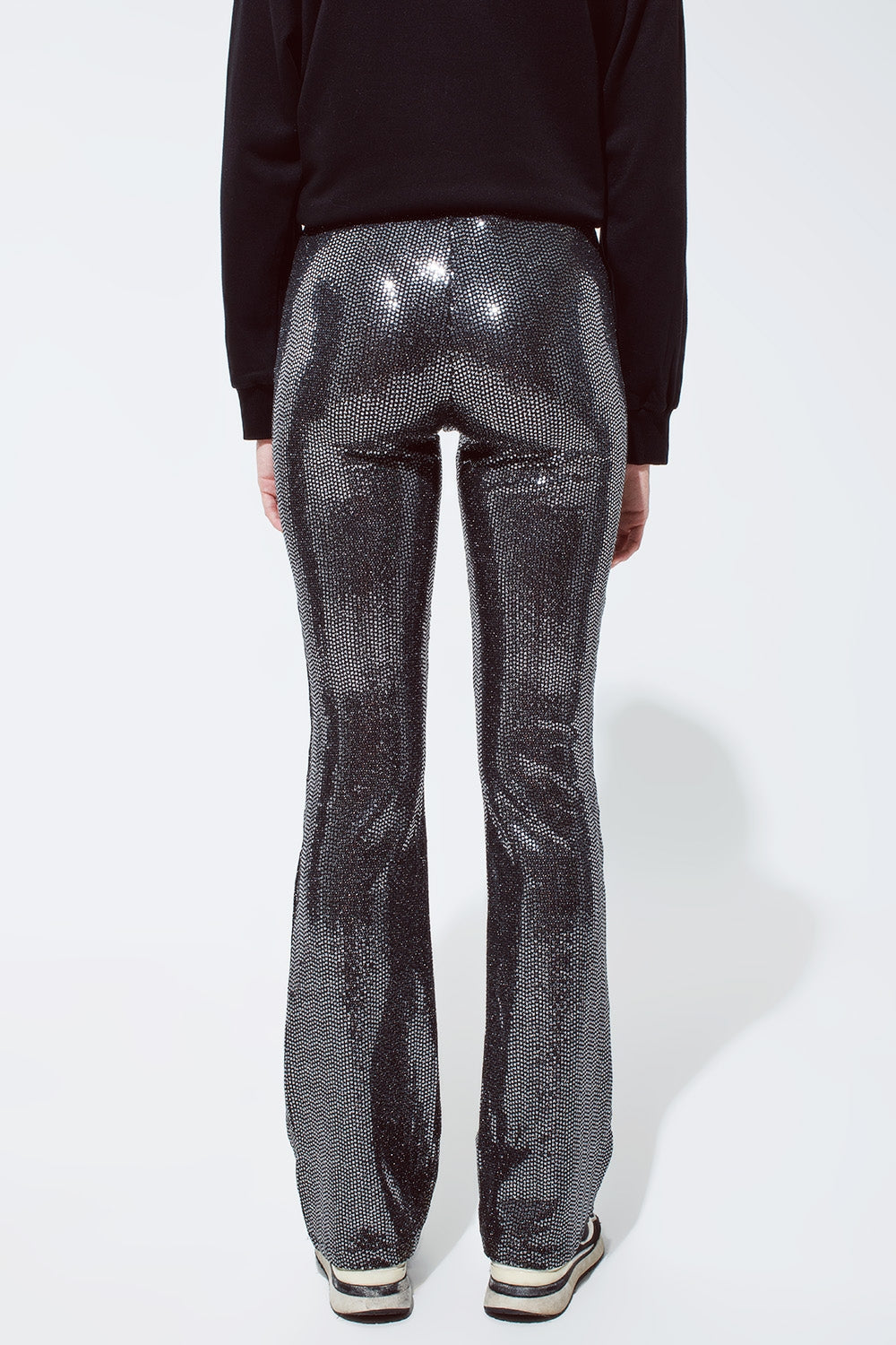 Metallic Fabric Flare Leggings in Silver for Party Wear