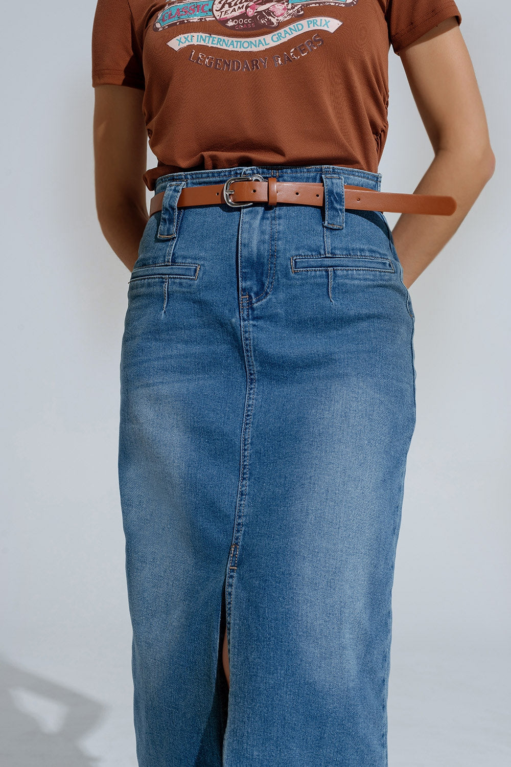 Midi Denim Skirt in Blue With Front Split and Belt