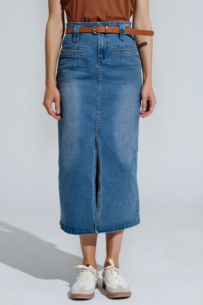 Midi Denim Skirt in Blue With Front Split and Belt