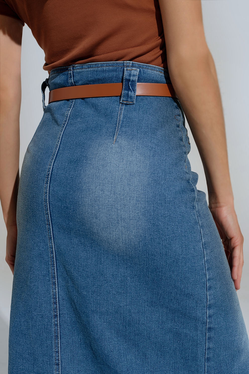 Midi Denim Skirt in Blue With Front Split and Belt