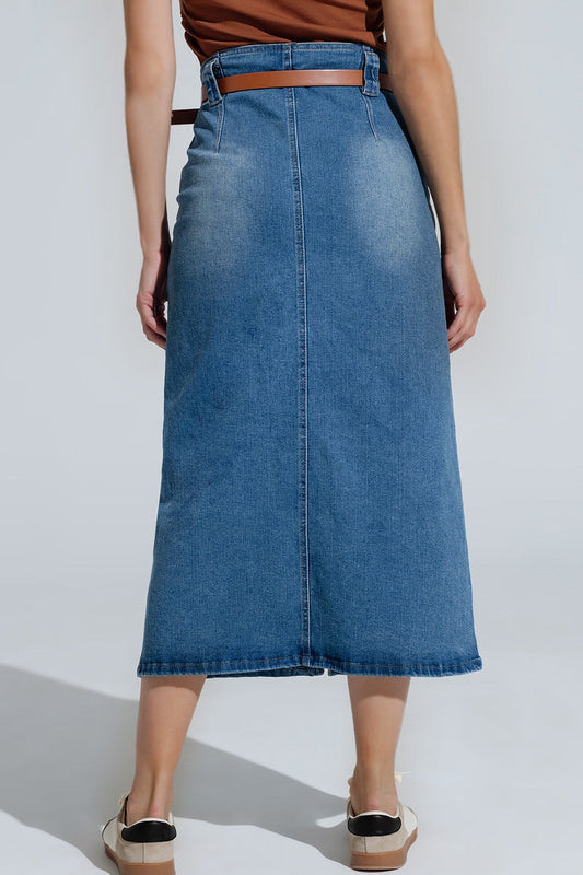 Midi Denim Skirt in Blue With Front Split and Belt