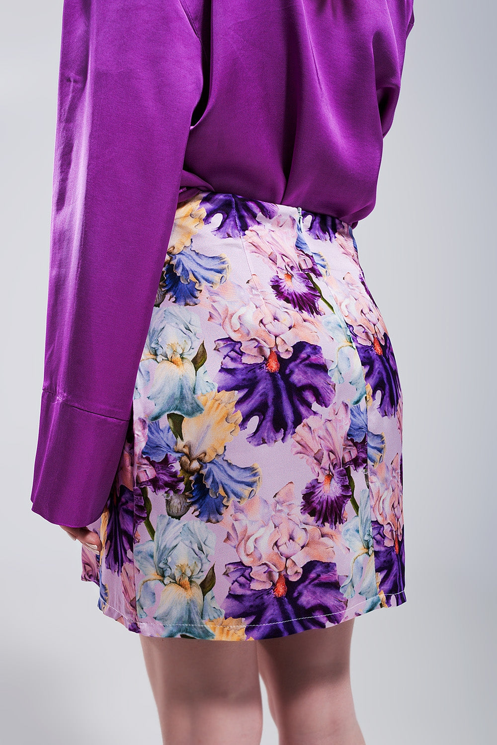 Mini Skirt With Knot Front in Purple Floral Print