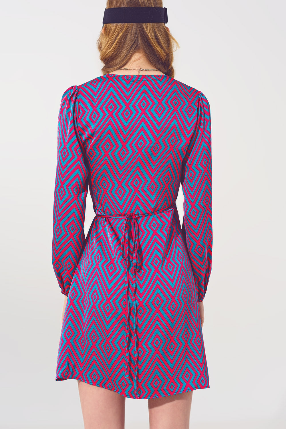 Mini V Neck Wrap Dress With Geometric Print and Tie Waist