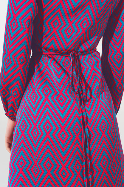 Mini V Neck Wrap Dress With Geometric Print and Tie Waist