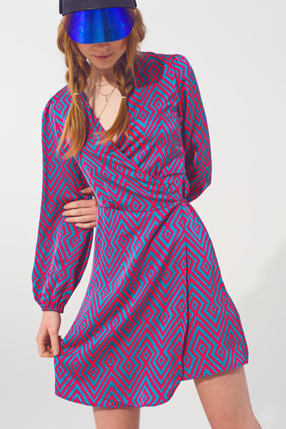 Mini V Neck Wrap Dress With Geometric Print and Tie Waist