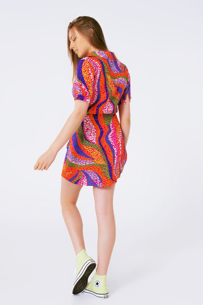 Multicolor Printed Wrap Mini Dress in Pink for Casual Style