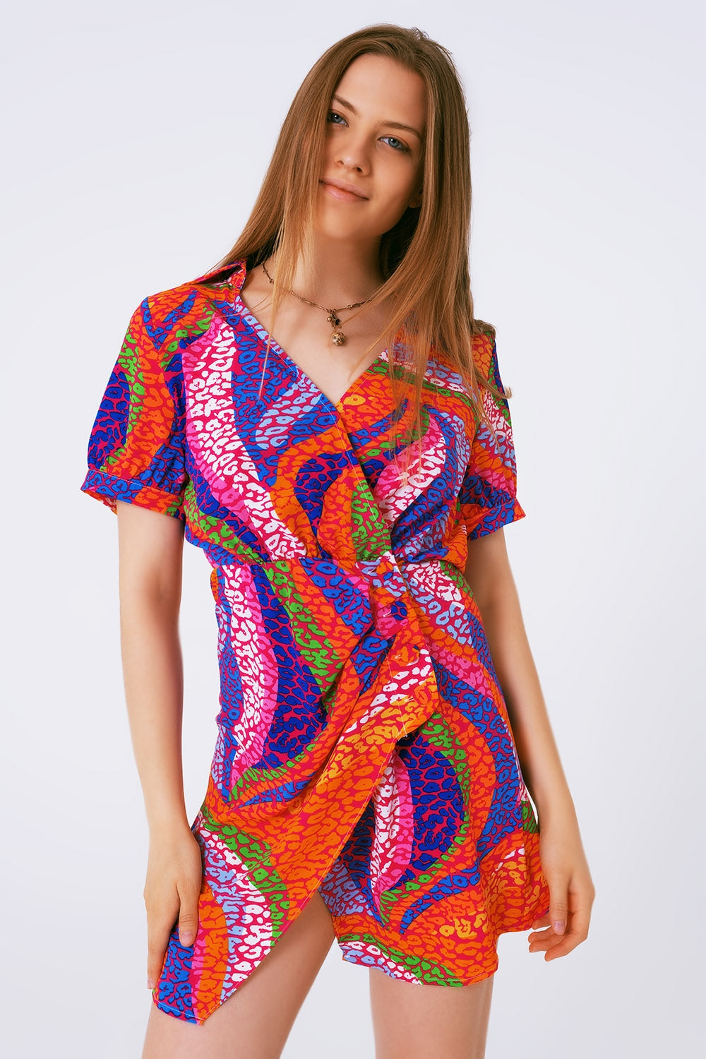 Multicolor Printed Wrap Mini Dress in Pink for Casual Style