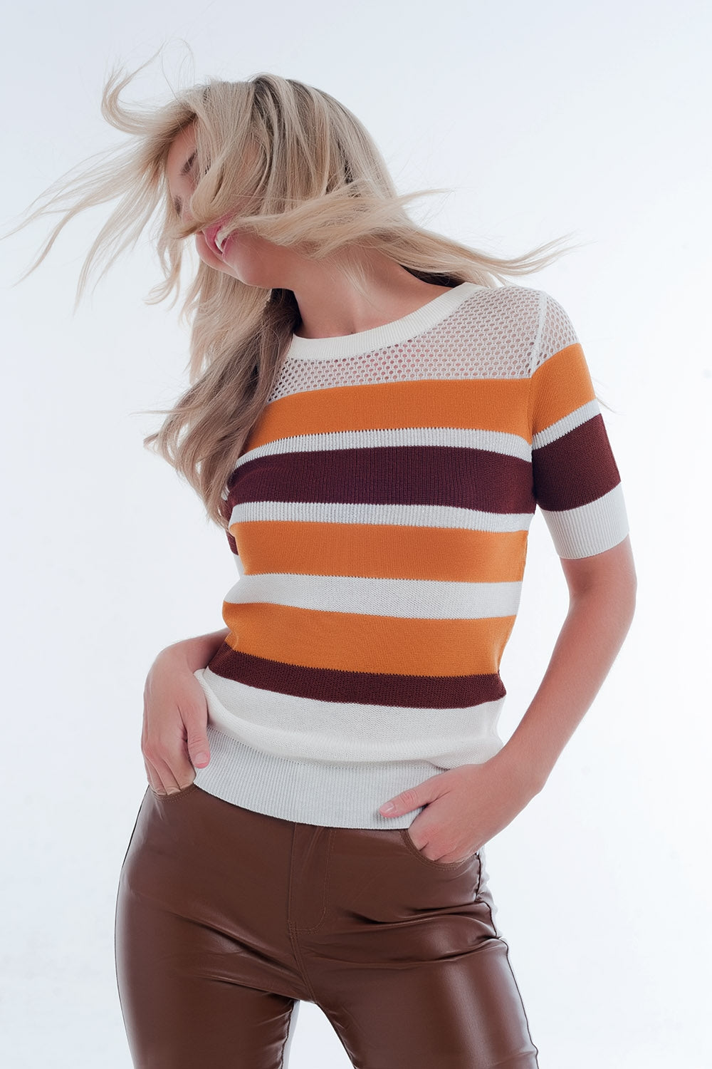 Mustard Striped Open Knit Sweater for Effortless Casual Style