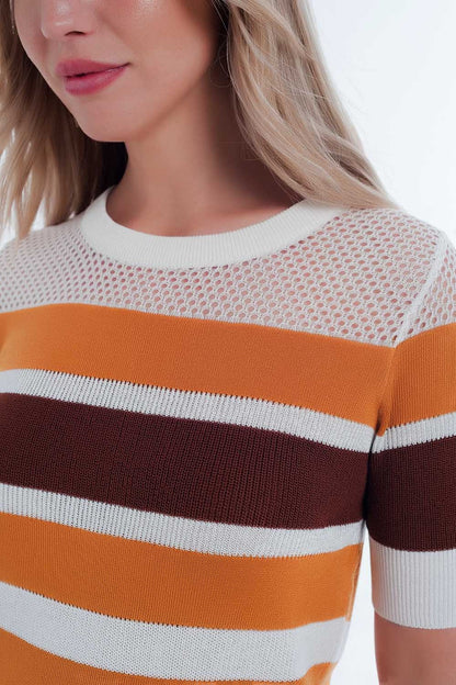 Mustard Striped Open Knit Sweater for Effortless Casual Style