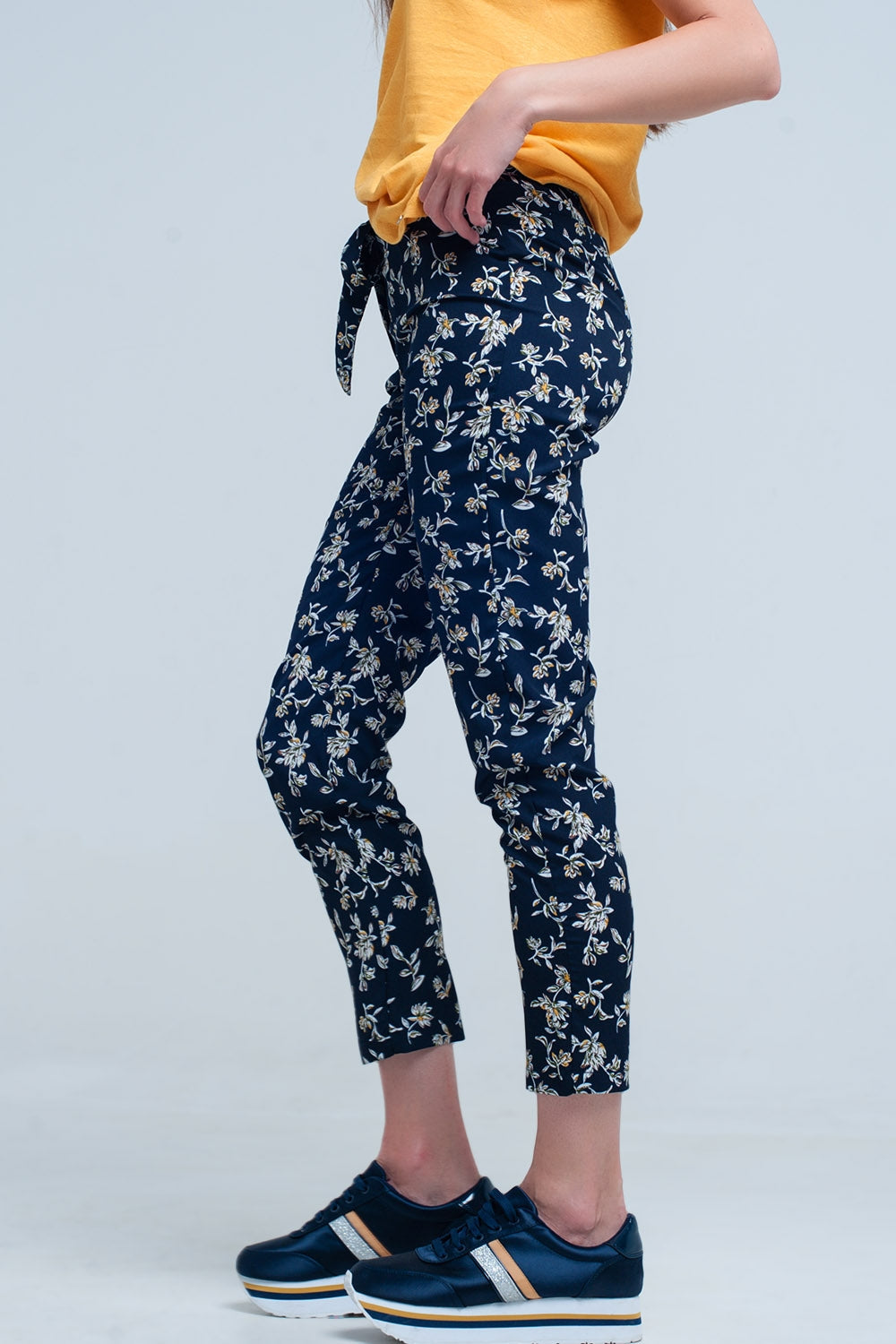 Navy Floral Pants With a Belt for Effortless Style