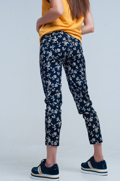 Navy Floral Pants With a Belt for Effortless Style