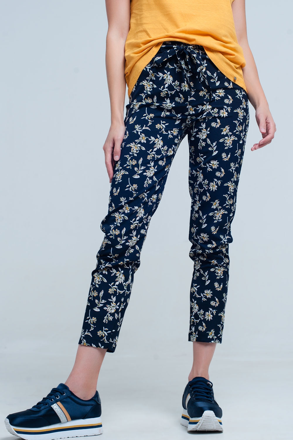 Navy Floral Pants With a Belt for Effortless Style