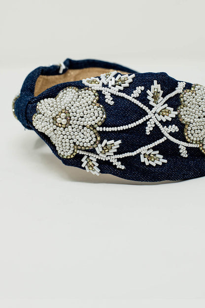 Navy Headband With Big Embroidered Flowers In White