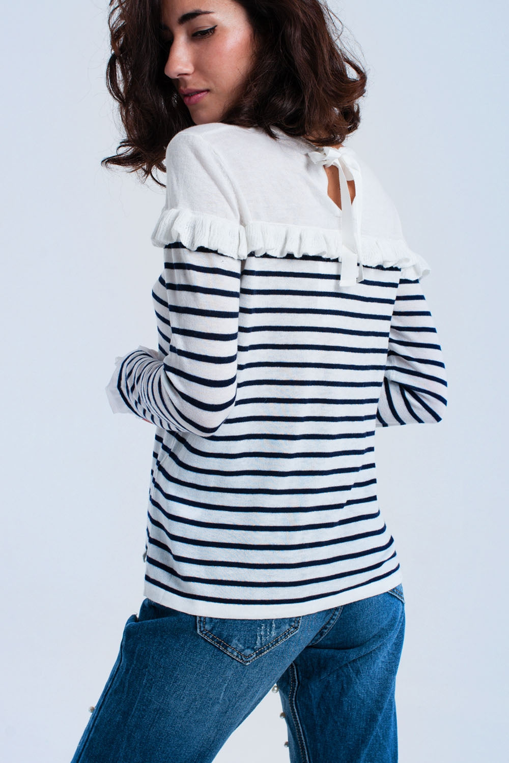 Navy Striped Sweater With Ruffles for Stylish Casual Wear