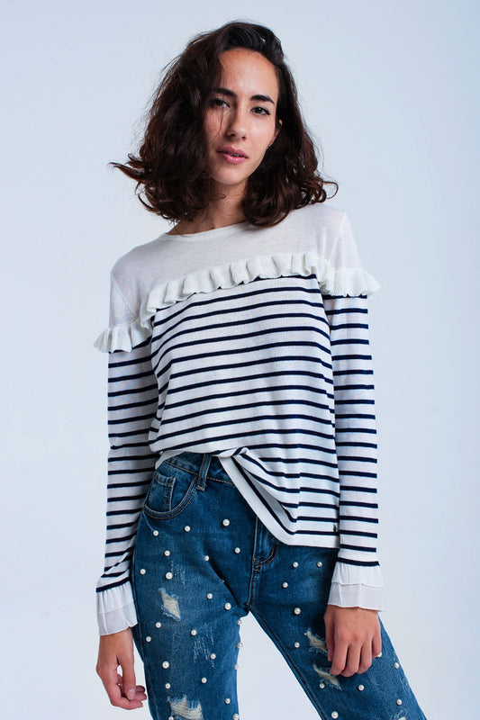 Navy Striped Sweater With Ruffles for Stylish Casual Wear