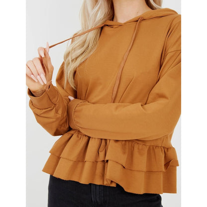 Camel Frill Hoodie with Layered Hem and Drawstring Design